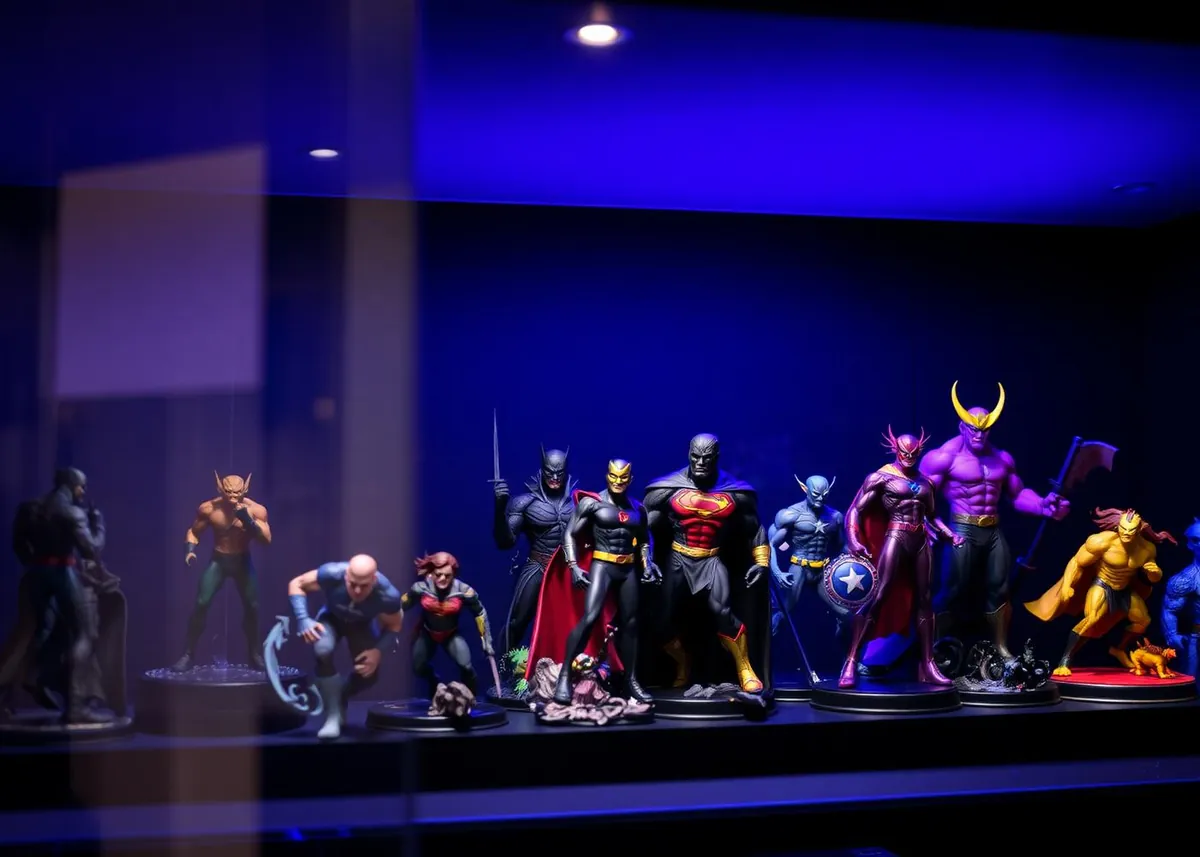 Collection of hand-painted 3D printed hero figurines on a lit shelf