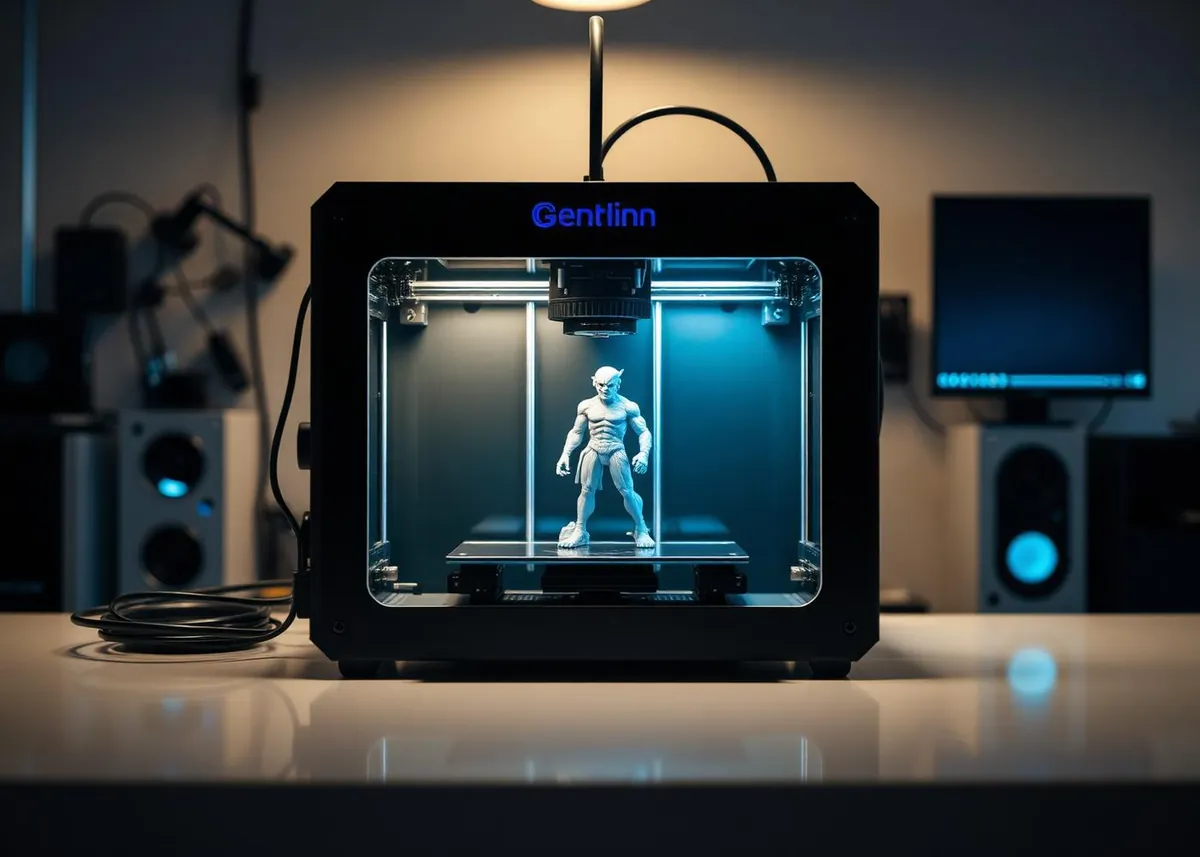 Resin 3D printer producing a detailed toy figurine in a studio